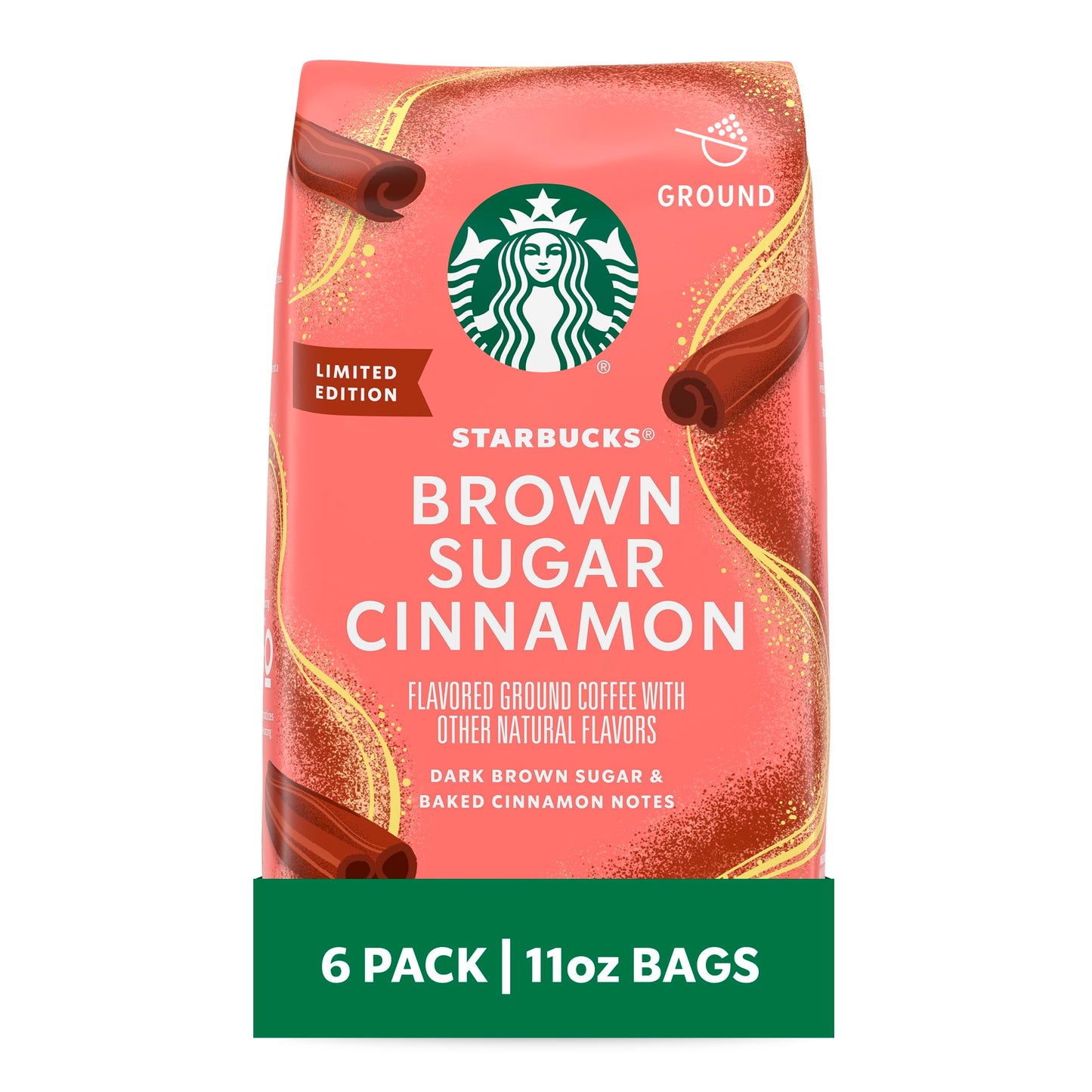 Starbucks Ground Coffee Brown Sugar Cinnamon Naturally Flavored Coffee 100% Arabica Special Release 6 Bags (11 Oz Each)