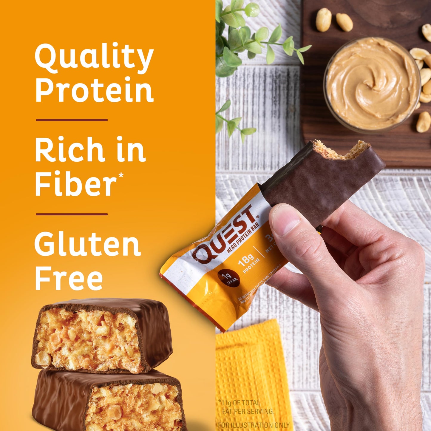 Quest Nutrition Crispy Chocolate Peanut Butter Hero Protein Bar, 18G Protein, 1G Sugar, 3G Net Carb, Gluten Free Protein Snack,