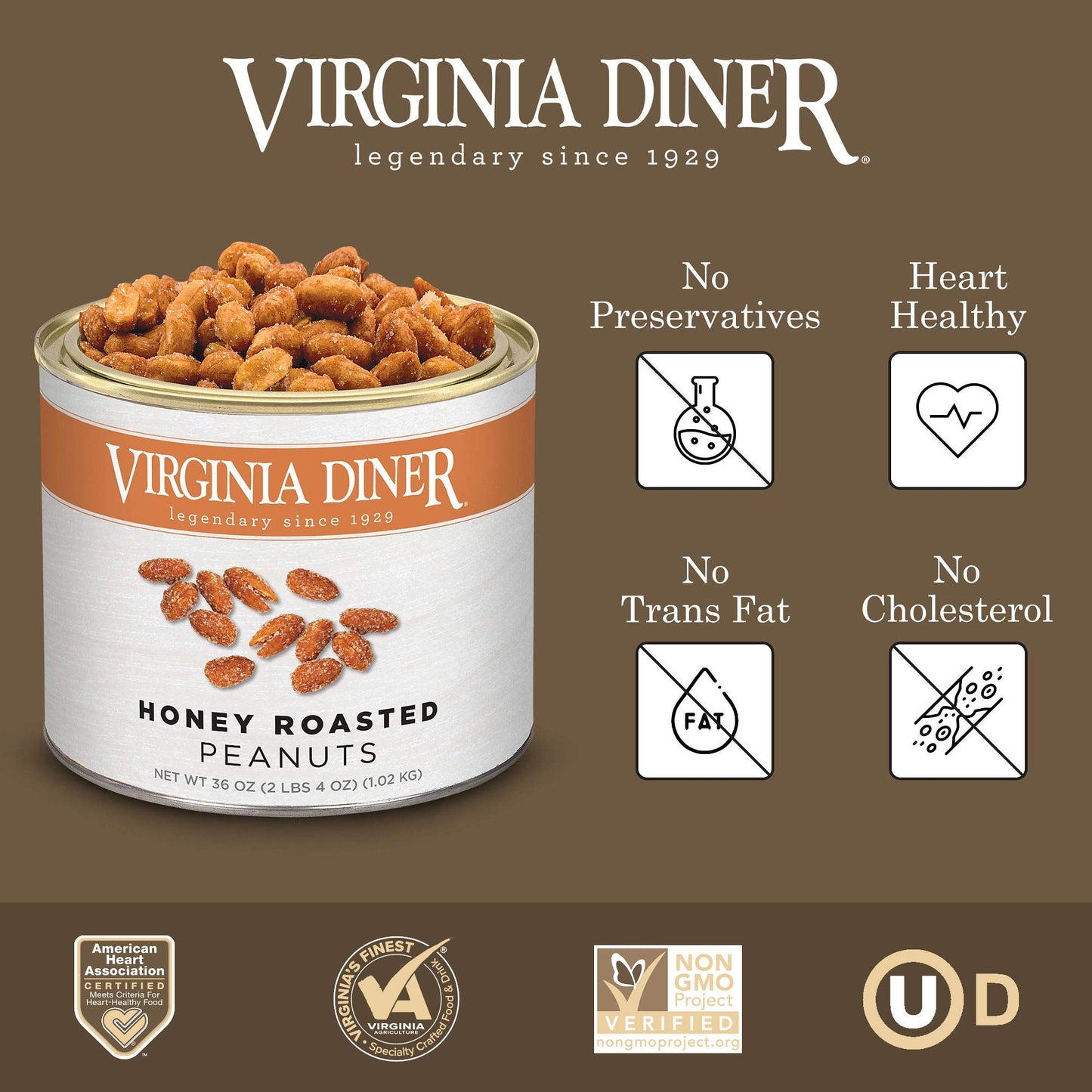 Virginia Diner - Gourmet Extra Large Honey Roasted Virginia Peanuts, 36 Ounce Tin