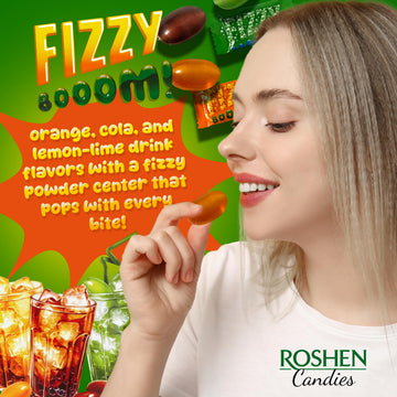 Roshen Fizzy Boom Candy - 2.2 lb Bulk Bag of Fizzy Hard Candies Assorted Zesty Orange Cola & Lemon-Lime Flavors - Retro Sour Candy Individually Wrapped Kosher Halal Hard Candy with Fizzy Center