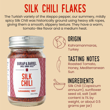 Burlap & Barrel Silk Chili Flakes - Mildly Spicy Aleppo Pepper - 1.8oz Glass Jar