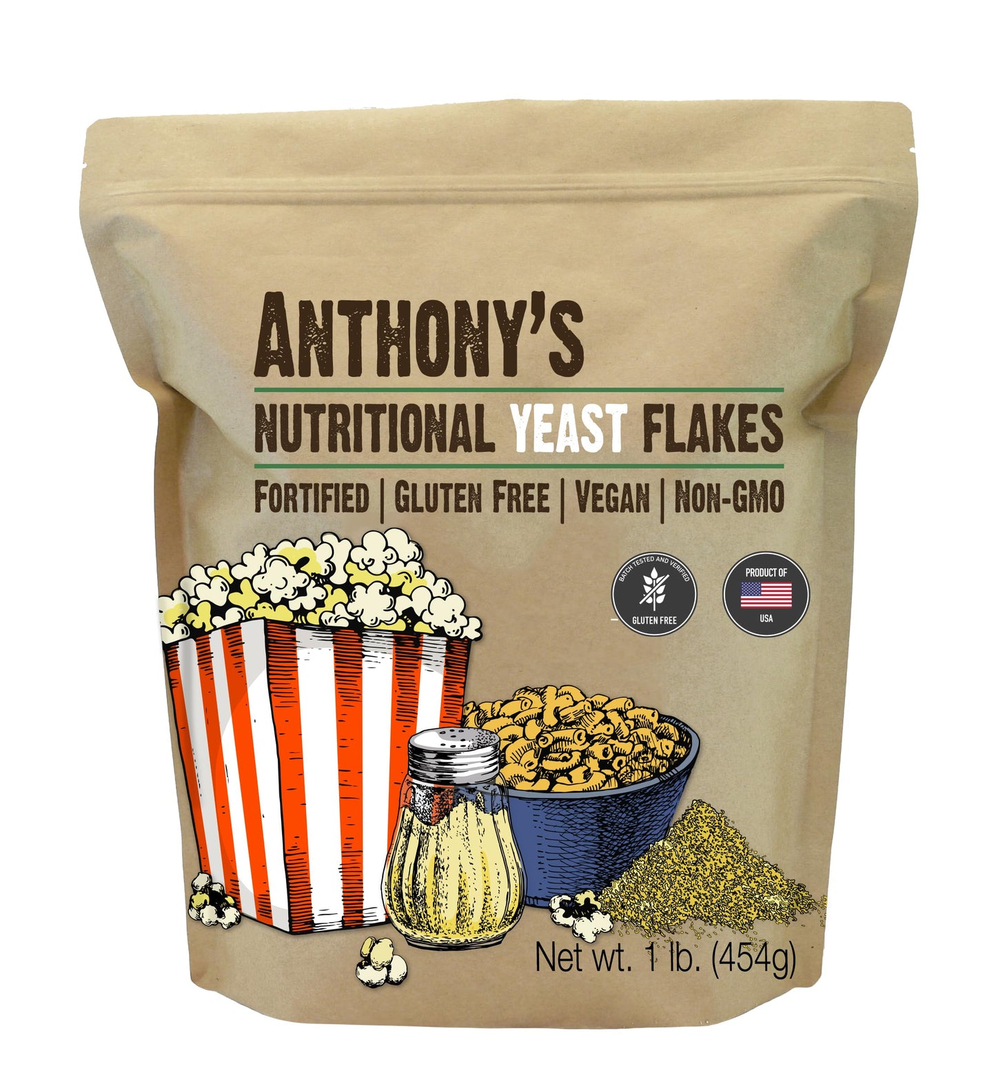 Anthonys Premium Nutritional Yeast Flakes, 1 Lb, Fortified, Gluten Free, Non Gmo, Vegan