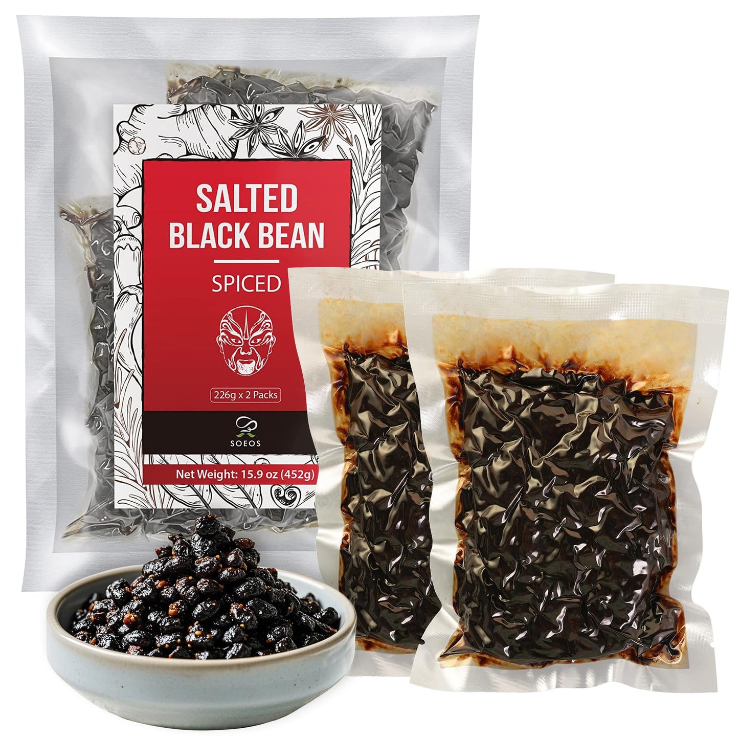 Soeos Salted Black Bean Spiced, 15.9 oz (226g*2 Pack), Chinese Fermented Black Beans, Flavor Enhancer for Stir-Fries, Stews, and