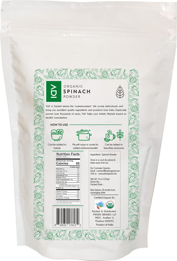 Adi Usda Certified Organic Spinach Powder 8Oz, Fresh Green Powder For Energy & Detox