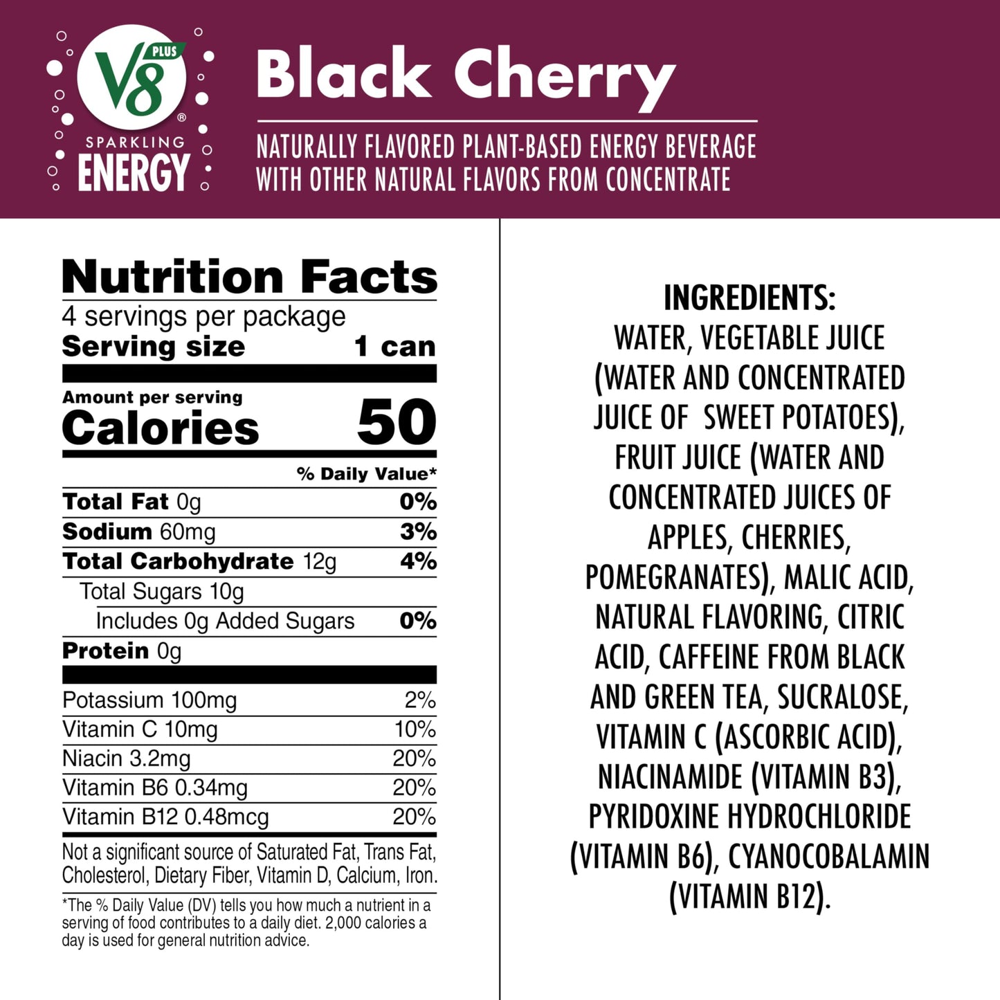 V8 +ENERGY Black Cherry Energy Drink, 11.5 FL OZ Can, Pack of 24, Made with Real Juices
