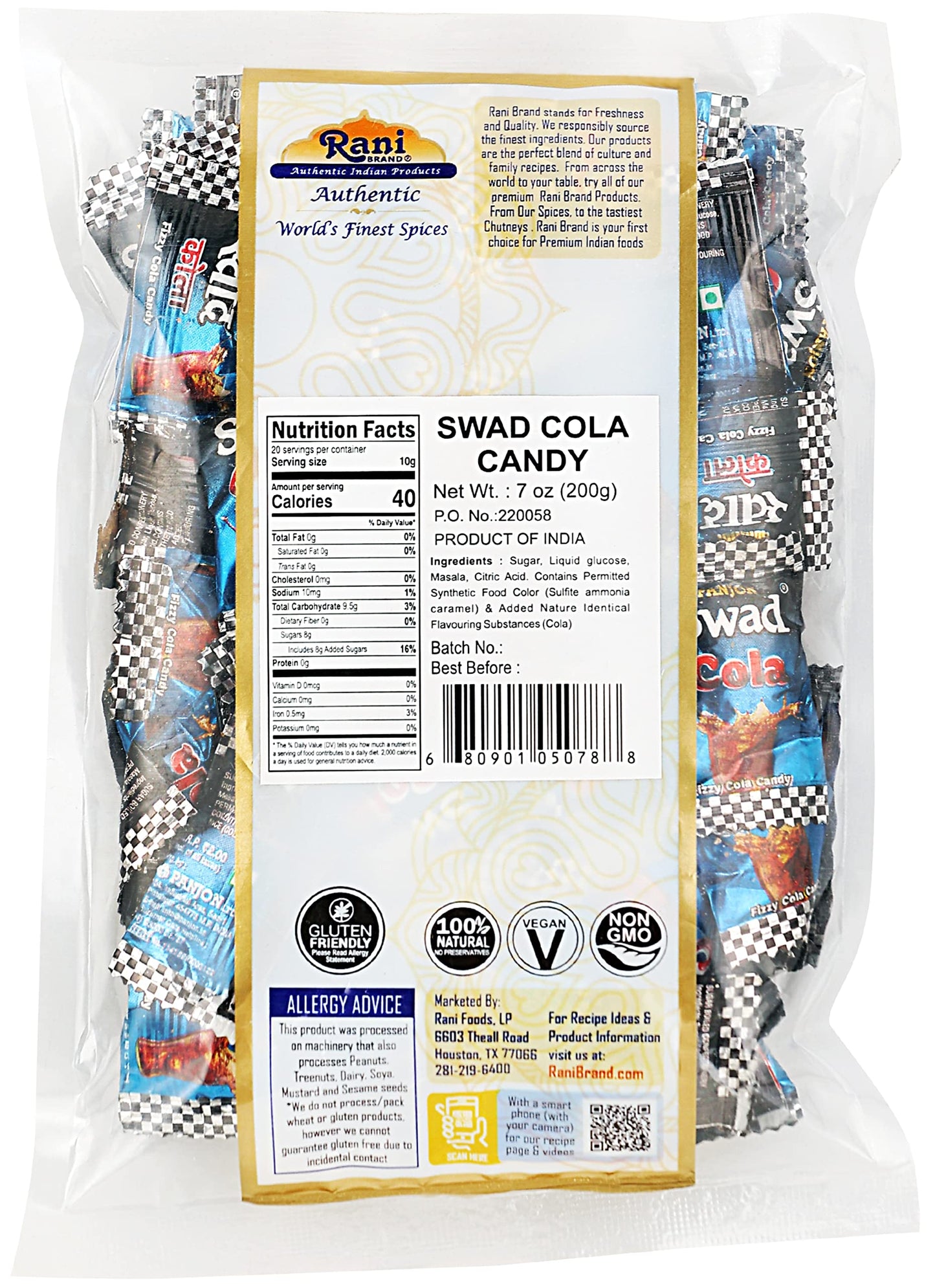 Rani Brand Cola Candy - Vegan, Gluten Friendly, NON-GMO, 7oz (200g) Individually Wrapped Indian