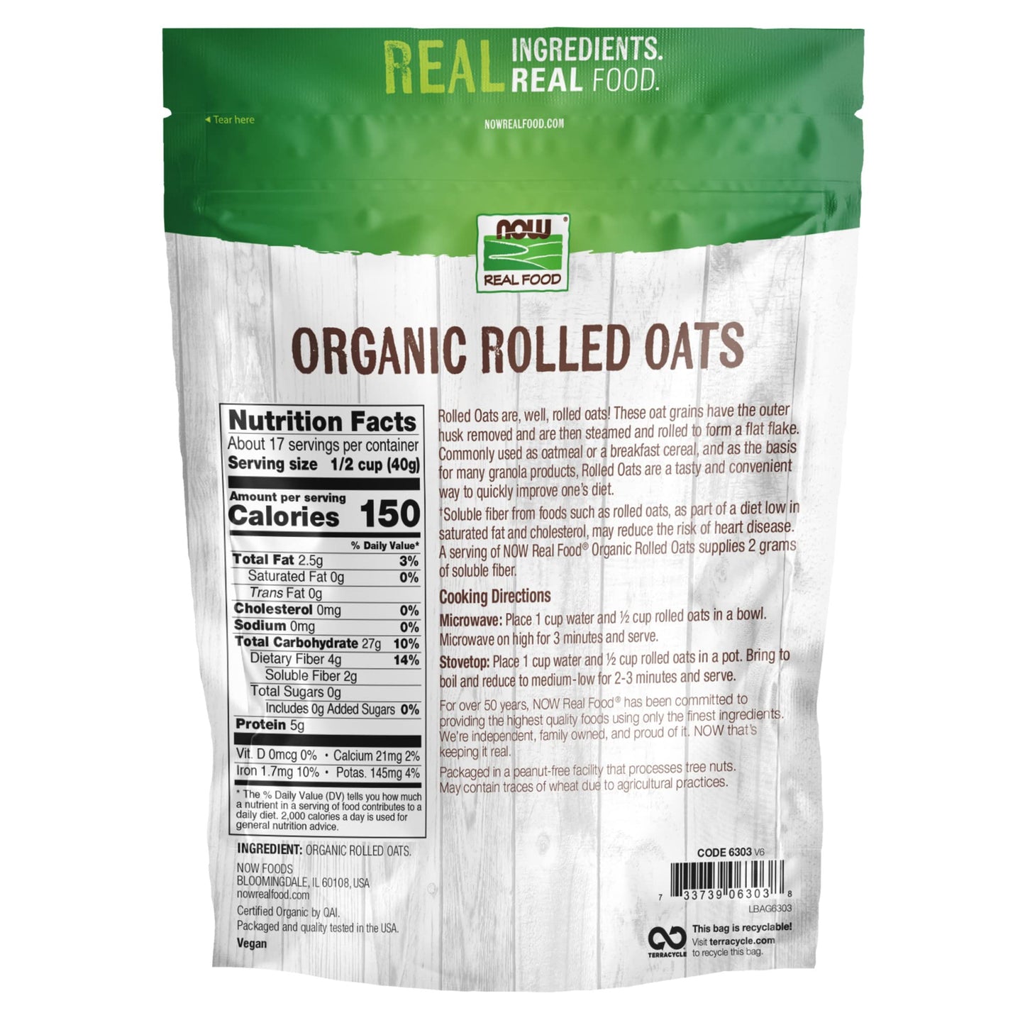 Now Foods, Organic Rolled Oats, Source Of Fiber, Protein And Iron, 100% Whole Grain, Product Of The Usa, 24-Ounce (Packaging May