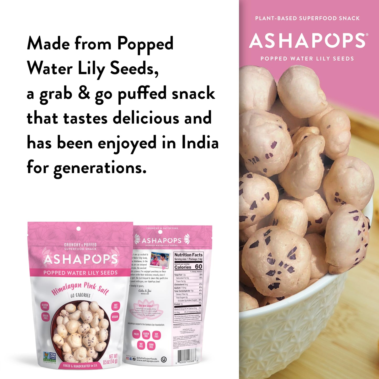 AshaPops Himalayan Pink Salt Flavored Popped Water Lily Seeds, 0.5 oz (Pack of 12) - Gluten-Free, Vegan, Paleo, Nut-Free, Corn-F