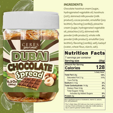 Dubai Chocolate Spread - 6.35 oz Jar with Pistachio Kataifi & Gourmet Dubai Chocolate Filling for Pancakes Breakfast Snacks and Desserts