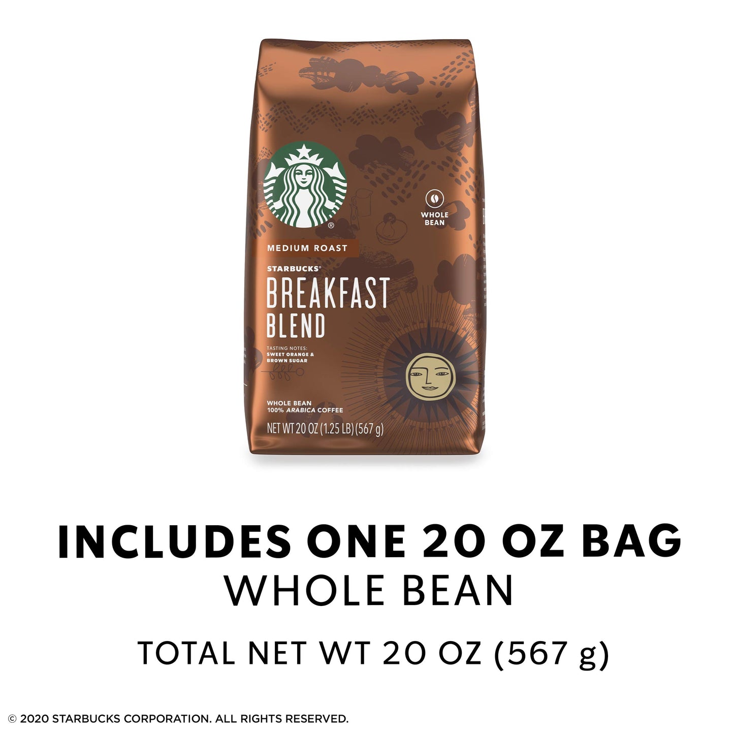 Starbucks Medium Roast Whole Bean Coffee Breakfast Blend 20 oz