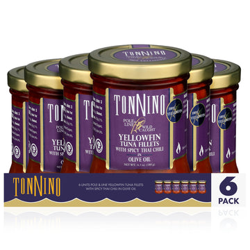 Tonnino Tuna Fish Yellowfin Pole&Line Spicy Thai Chilli - Pack of 6 - Alternative to Salmon - Protein Snacks - Ready to Eat Meal