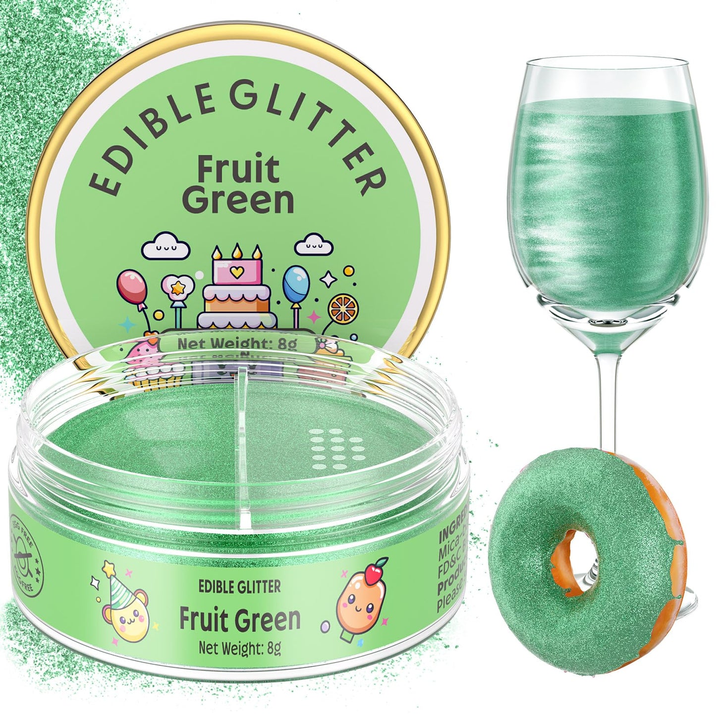 Nomeca Edible Glitter for Drinks & Cakes, 8g Food Grade Luster Dust, 11-Fruit Green