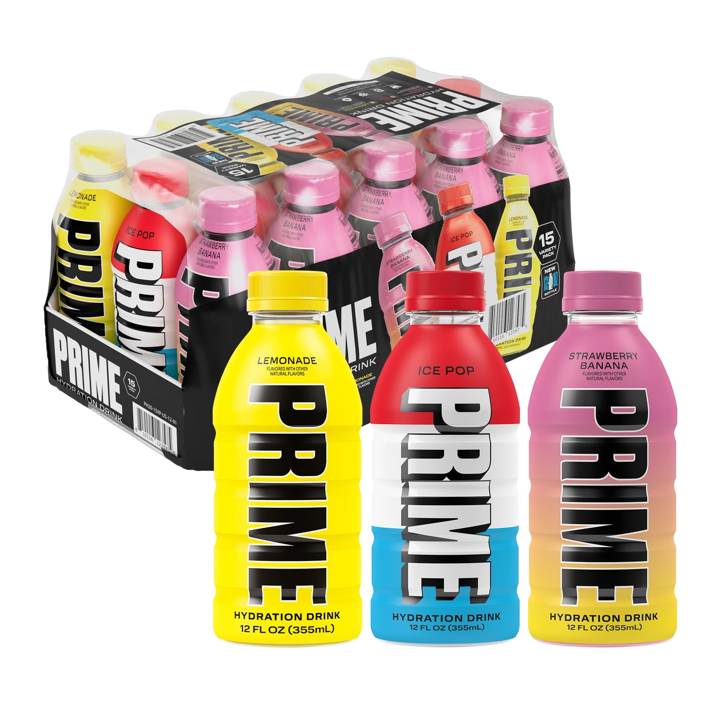 PRIME HYDRATION Variety - ICE POP Strawberry Banana Lemonade Sports Drinks Electrolyte Enhanced for Ultimate Hydration 250mg BCAAs B Vitamins Antioxidants Low Sugar 12 Fl Oz 15 Pack