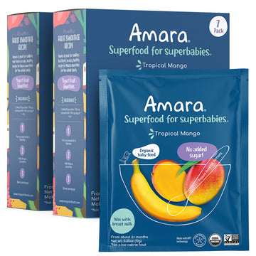 Amara Organic Baby Food - Stage 2 - Tropical Mango - Baby Cereal To Mix With Breastmilk, Water Or Baby Formula - Shelf Stable Baby Food Pouches Made From Organic Fruit - 14 Pouches, 3.5Oz Per Serving