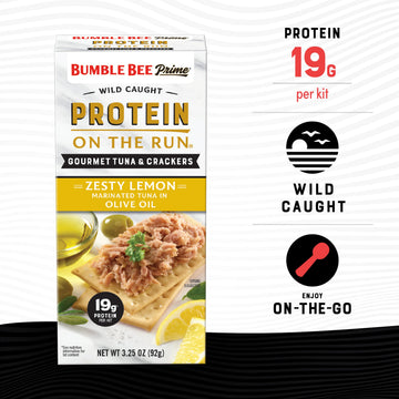 Bumble Bee Prime Protein on the Run Tuna Snack Kit - Gourmet Tuna Marinated in Olive Oil & Zesty Lemon with Crackers and Serving