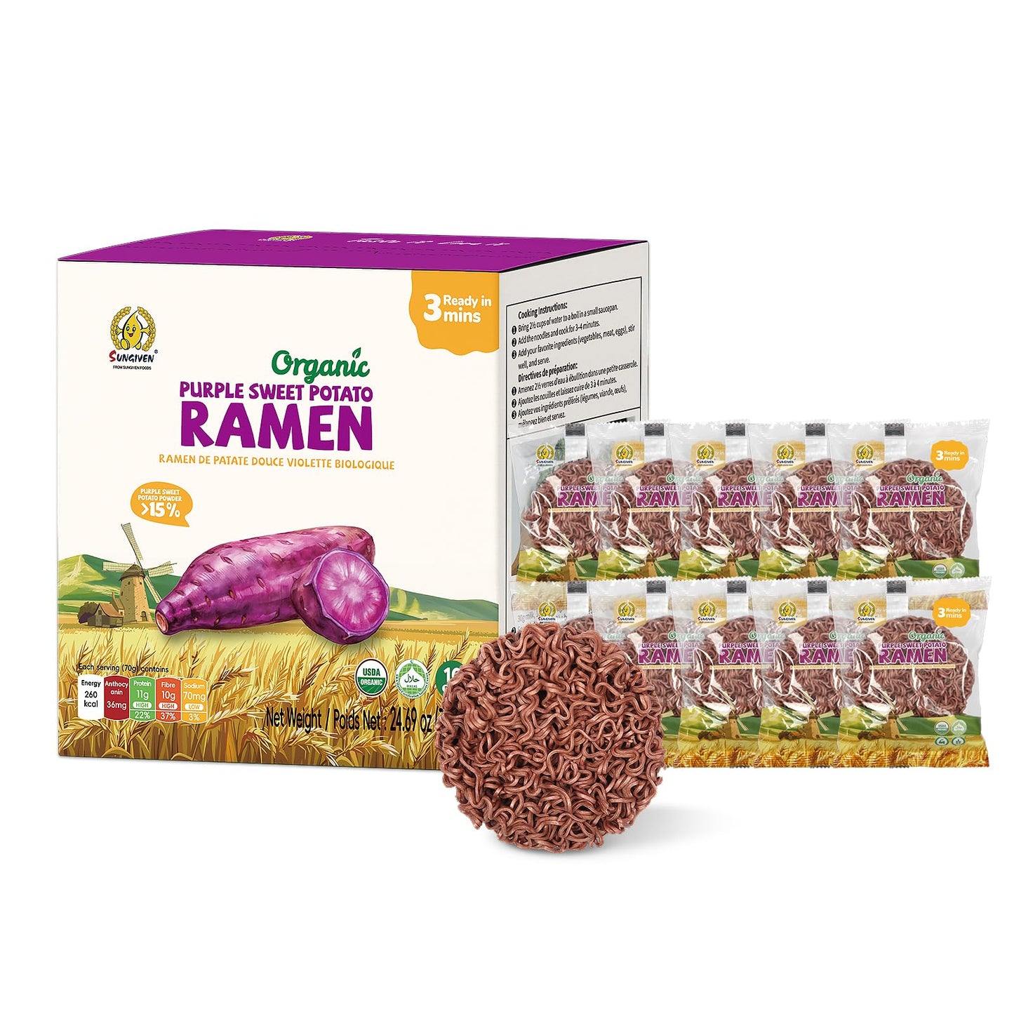 Sungiven Organic Ramen Noodles Purple Sweet Potato Healthy Low Sodium Ready In 3 Minutes Non-Fried Instant No Additives Or Preservatives 2.47 Oz (Pack Of 10)
