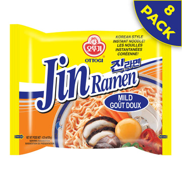 Ottogi Jin Ramen Mild - Korean Instant Noodle, Best Tasting Soup And Noodles, Traditional Instant Ramen Noodles 4.23Oz X 8 Pack