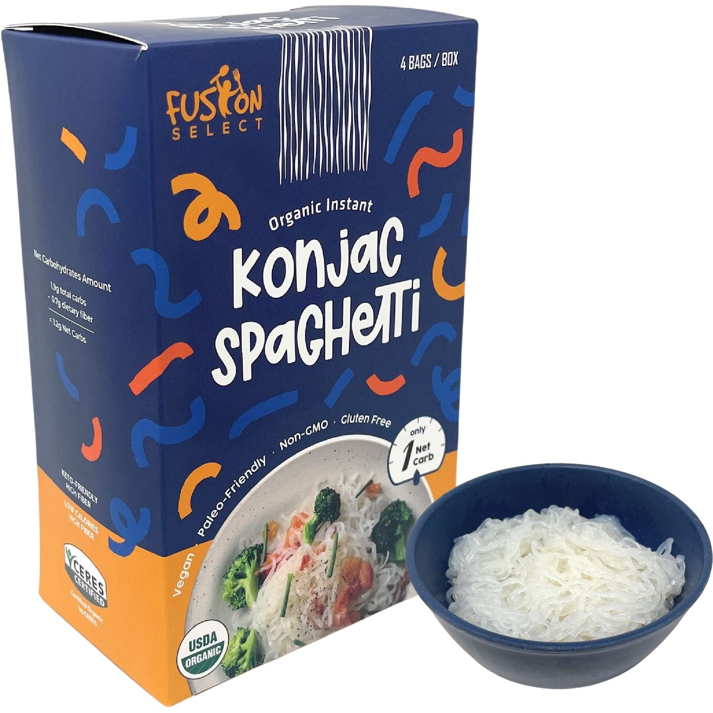 Fusion Select 4 Packs Organic Konjac Noodles - Shirataki Spaghetti Plant-Based Substitute - Vegan Pasta for Vegetarian, Keto, Pa