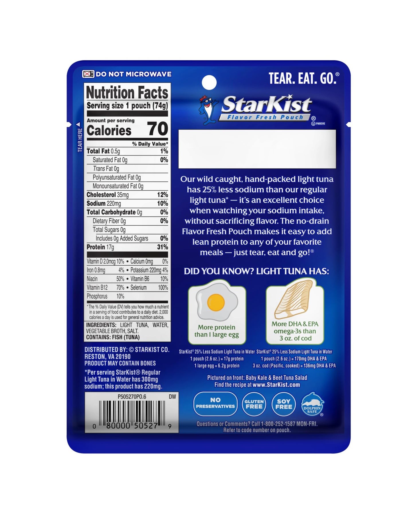 Starkist Reduced Sodium Chunk Light Tuna In Water - 2.6 Oz. Pouch