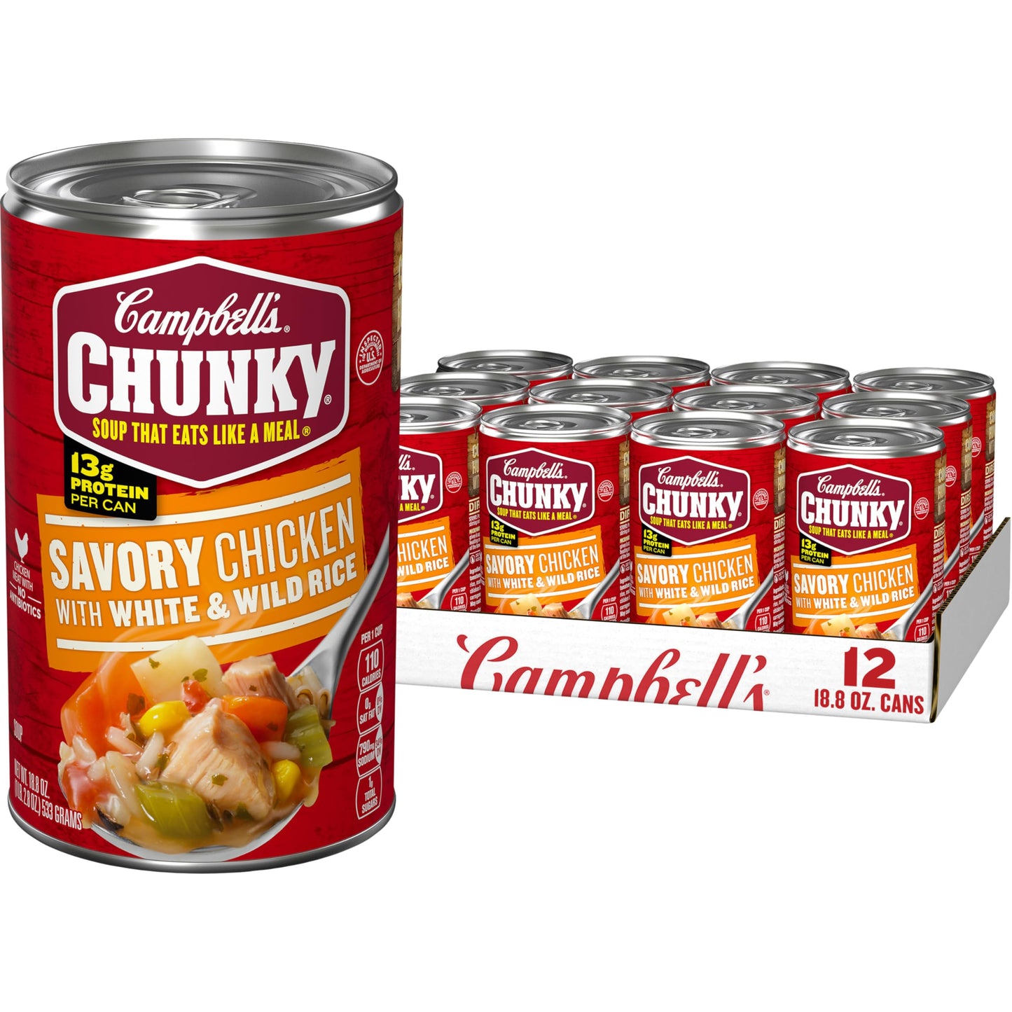 Campbell s Chunky Soup, Savory Chicken with White and Wild Rice Soup, 18.8 Oz Can (Case of 12)