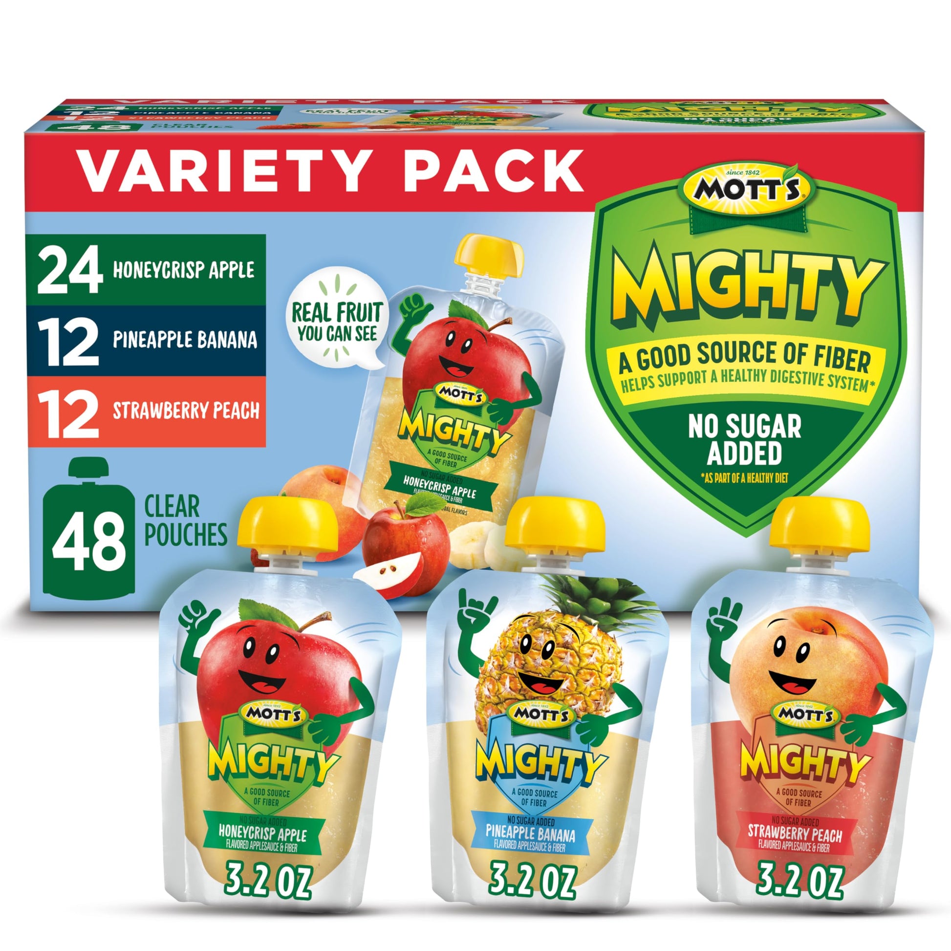 Motts Mighty Applesauce Variety Pack, 3.2 oz Clear Pouches, 48 Count (4 Packs of 12)