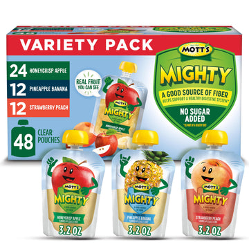 Motts Mighty Applesauce Variety Pack, 3.2 oz Clear Pouches, 48 Count (4 Packs of 12)