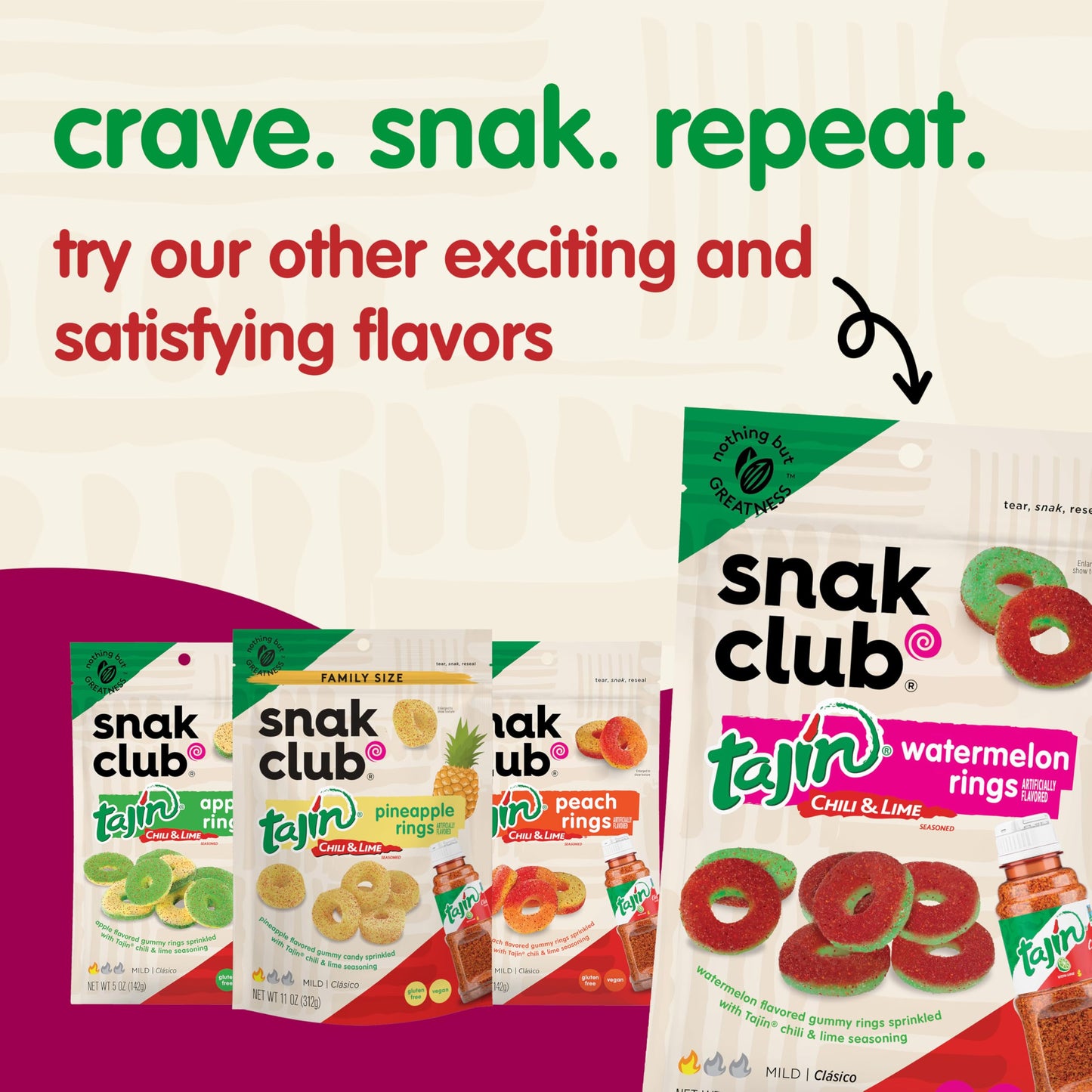 Snak Club Tajin Mango Rings Gummy Candy, Fruit Candy Gummies with Chili and Lime Seasoning, Mild, Gluten-Free and Vegan Snacks,