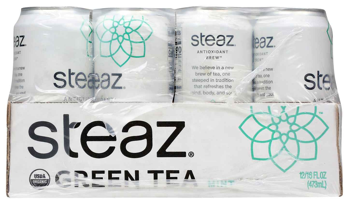 Steaz Mint Organic Green Tea, Antioxidant Brew, Fair Trade, Vegan Friendly, Kosher, USDA Certified Organic, 16 Fluid Ounce (Pack