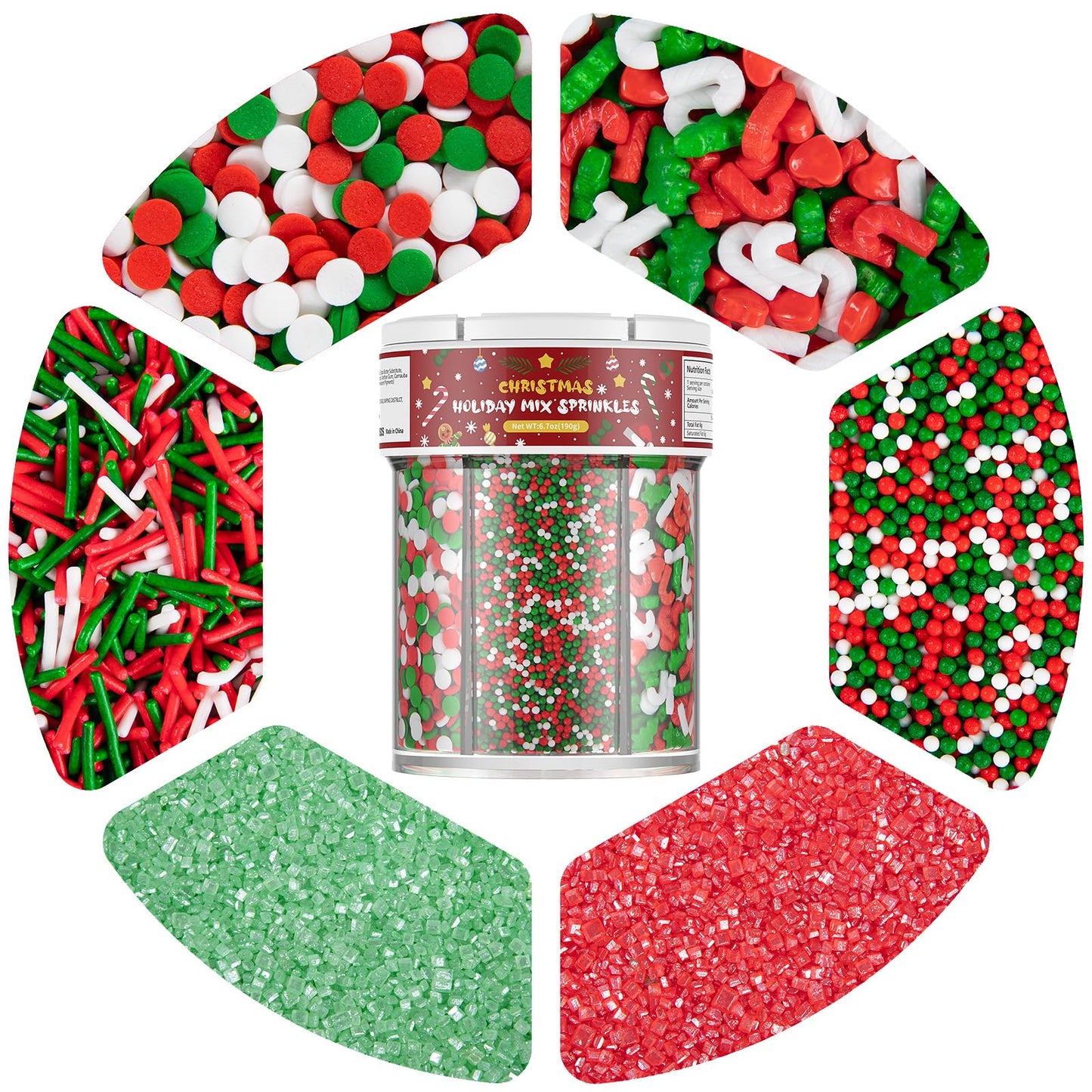 Christmas Sprinkles For Baking 6 Cell Mix Sprinkles For Christmas Cake Decorating Fancy Sanding Sugar For Ice Cream Donut Chocolate Candy Cookies Decorating - 6.7 Oz