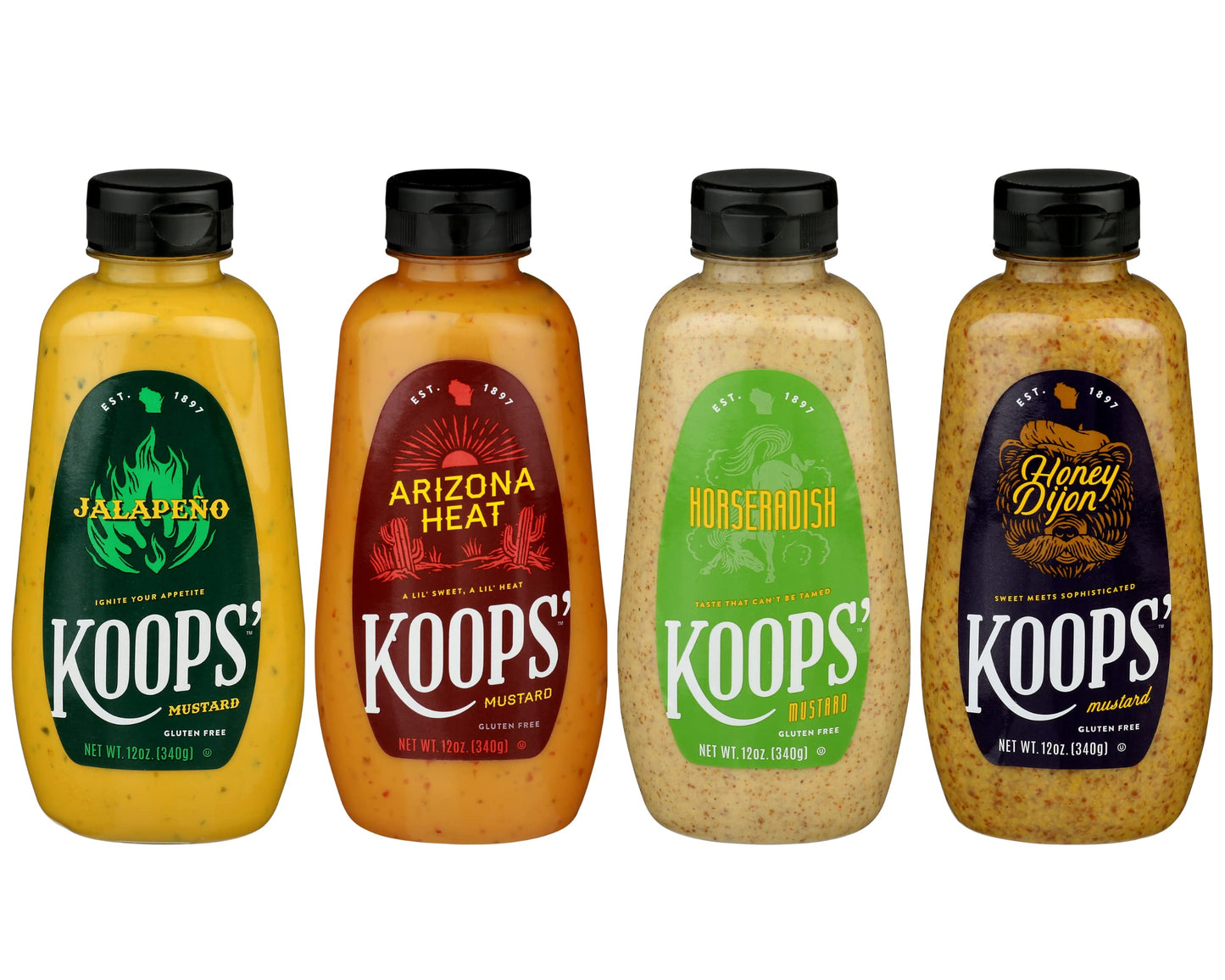Koops' Sweet & Heat Mustard Variety Pack - Jalapeno, Arizona Heat, Horseradish, & Honey Dijon - Gluten-Free, Kosher, Made In Usa