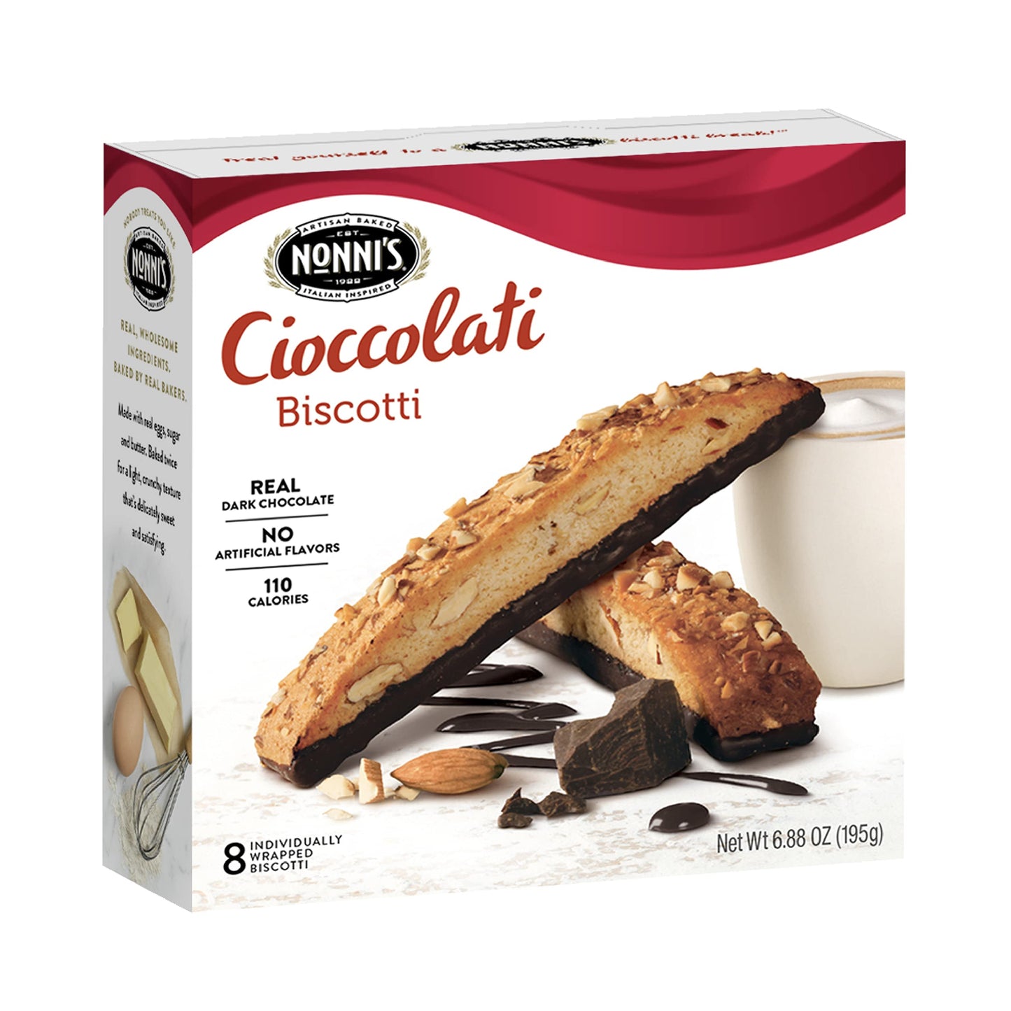 NonniS Cioccolati Biscotti Italian Cookies - Italian Biscotti Cookies - Biscotti Individually Wrapped - Made W/ Top-Grade California Almonds & Dark Chocolate - Kosher - 6.88 Oz 8 Biscotti