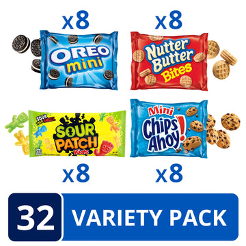 Oreo Mini Cookies, Chips Ahoy! Mini Cookies, Sour Patch Kids Candy & Nutter Butter Bites Cookies & Candy Variety Pack, 32 Snack Packs