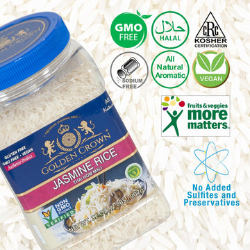 Golden Crown Premium White Jasmine Rice - 32 Oz (2Lb), Naturally Aged Halal + Kosher Vegan Long Aromatic Tasty And Delicious Fla