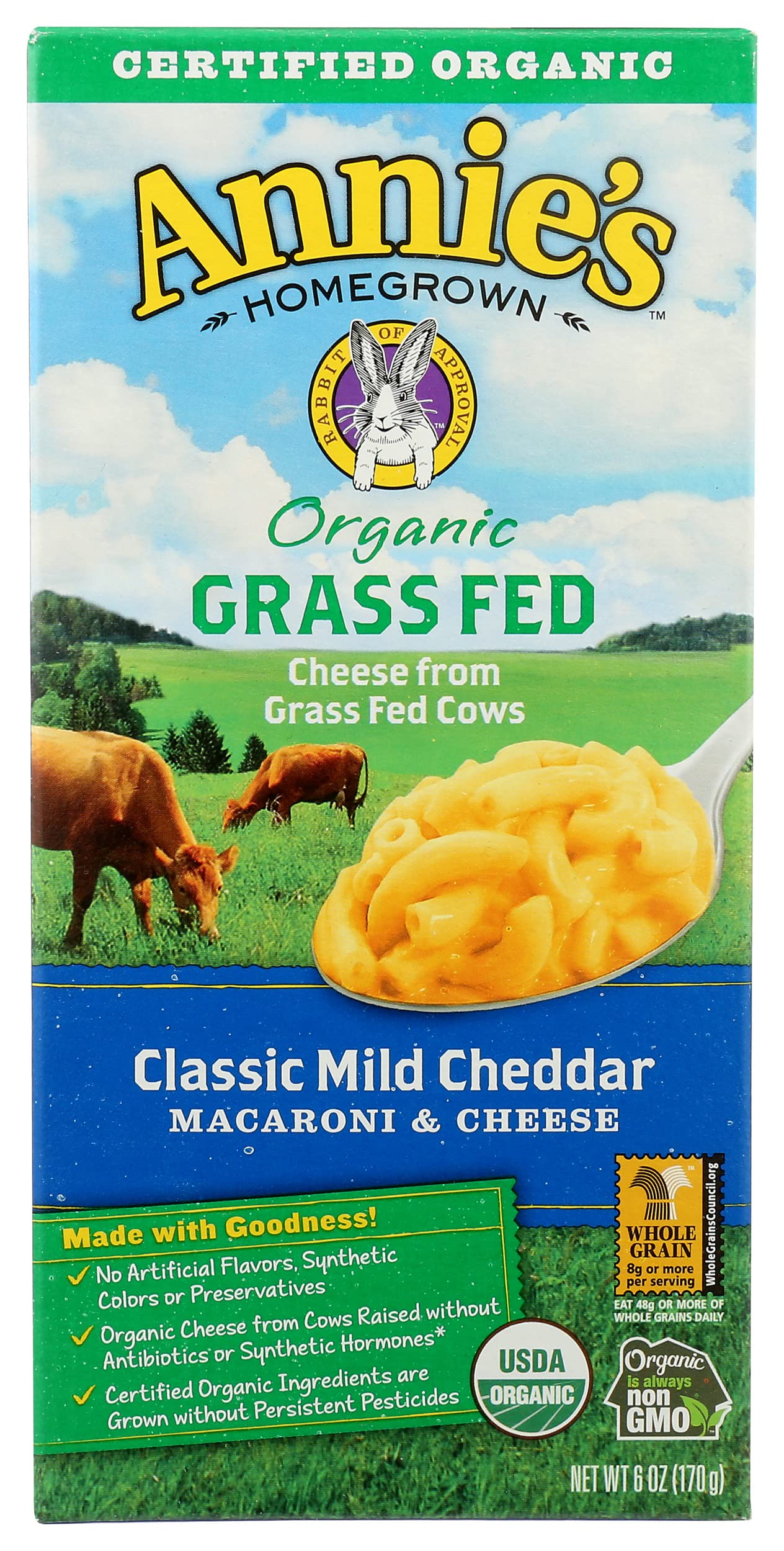 Annie'S Organic Grass Fed Classic Mild Cheddar Macaroni & Cheese - 6Oz Paack Of 12