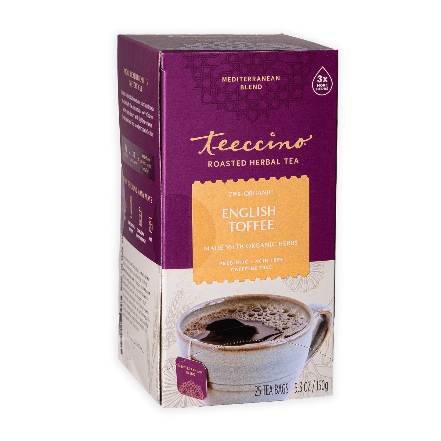 Teeccino English Toffee Herbal Tea - 25 Tea Bags - Rich & Roasted Herbal Tea Thats Energy Blend Free & Prebiotic For Natural Energy & Good Digestion 3 X More Herbs In Each Tea Bag