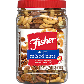 Fisher Snack Deluxe Mixed Nuts, 24 Ounces, Cashews, Almonds, Pecans, Brazil Nuts, 100% Recyclable