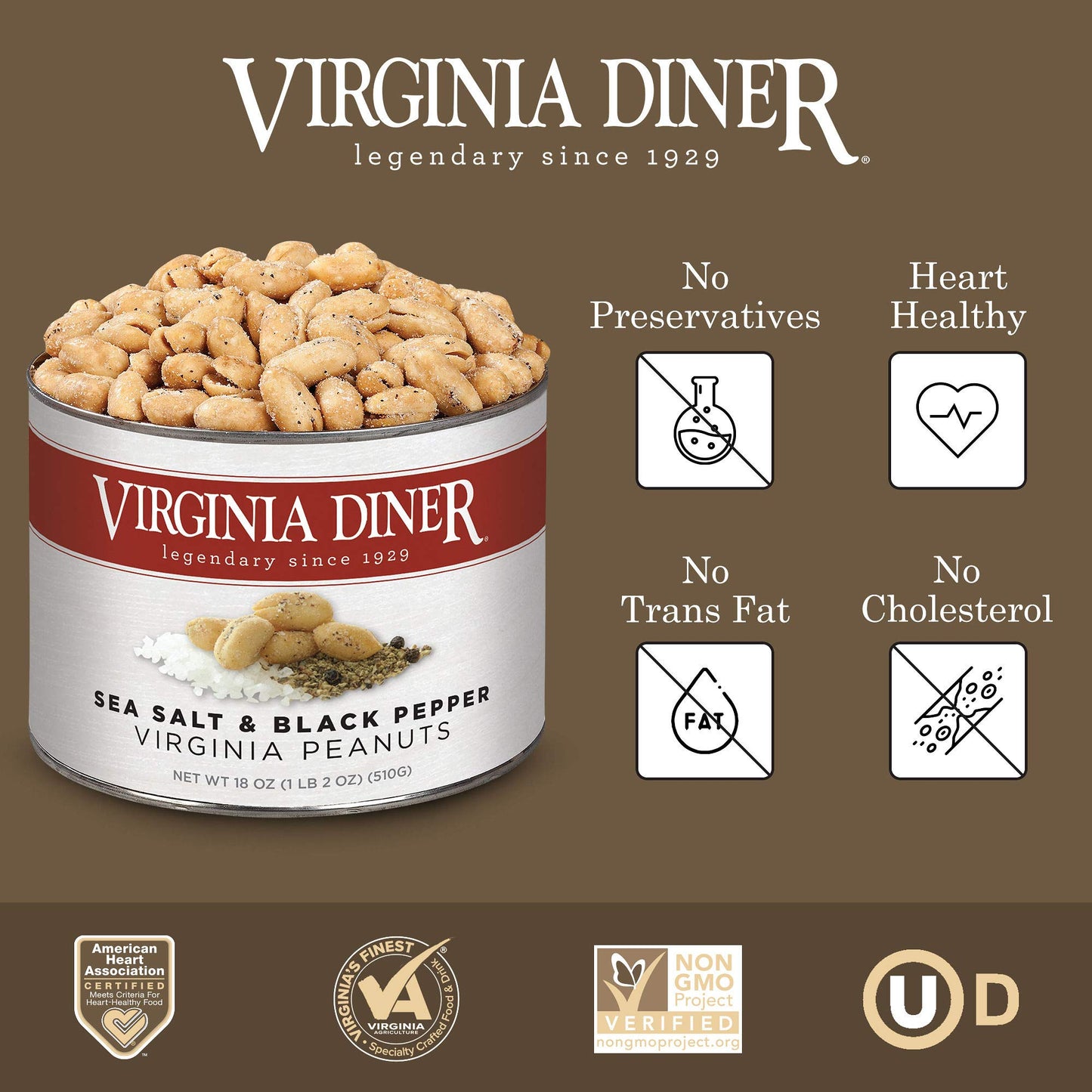 Virginia Diner - Gourmet Natural Sea Salt & Pepper Seasoned Virginia Peanuts, 18 Ounce Tin