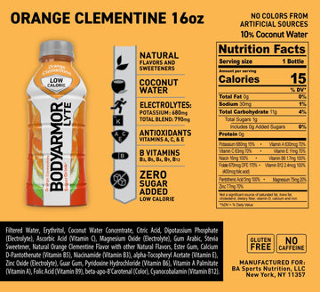 BODYARMOR LYTE Sports Drink, Low-Calorie Orange Clementine, 16 Oz (Pack of 12), Coconut Water Hydration, Potassium-Packed Electrolytes