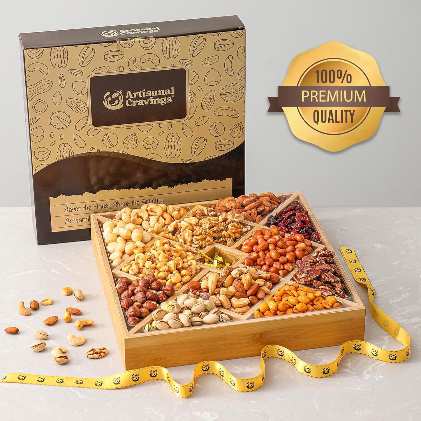 Gourmet Mixed Nuts Christmas Gift Basket In Sleek Bamboo Wood Reusable Platter | Xl 2.5 Lb Platter Includes 12 Assortments Of Pr