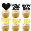 18pcs Black Gold Glitter Dessert Cupcake Pick for Straight Outta 2007 Cheer to 18 Years Old Theme Decor Supplies Happy 18th Birt