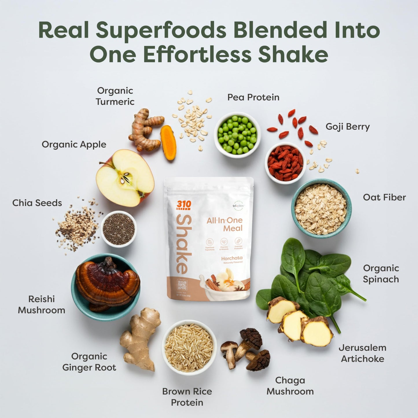 310 Nutrition All-In-One Meal Replacement Shake Powder - Plant-Based Protein Smoothie Blend w/High Fiber, Probiotics & Adaptogen