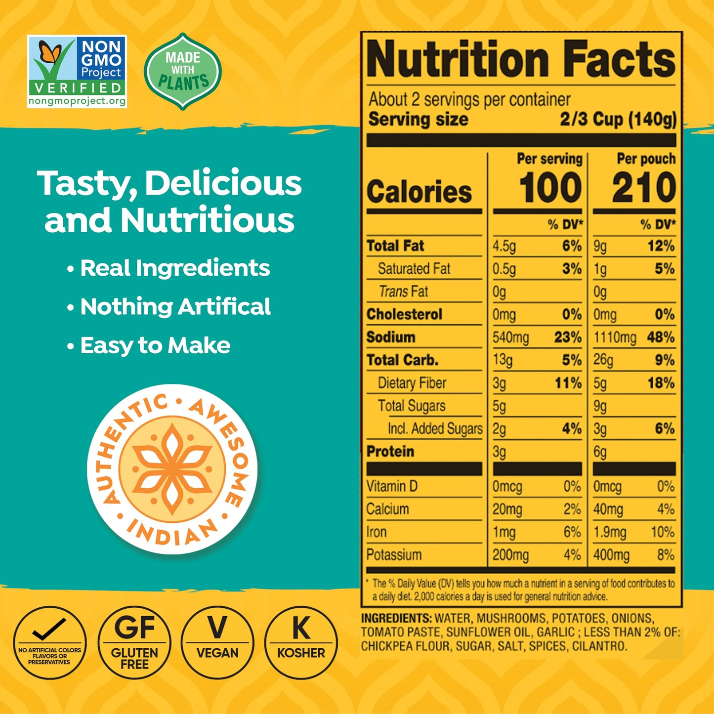 Tasty Bite Mushroom Masala, 10 Ounce Pack of 6 - Ready to Eat Vegan Entree with Mushrooms & Potatoes, Microwavable Meal