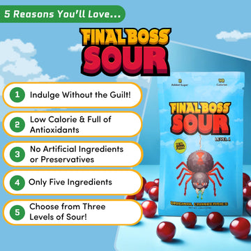Final Boss Extremely Super Sour Candy, Natural Chewy Cranberry Gummies Made With Dried Fruit, Free Of Artificial Colors, Low Cal
