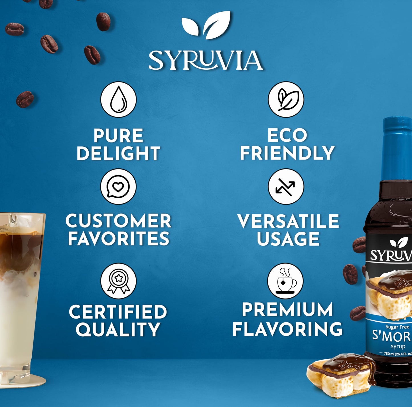 Syruvia Sugar-Free S'Mores Coffee Syrup - 25.4 Fl Oz Premium Coffee Flavoring Syrup - 0 Calorie - Kosher Coffee Syrups, Gluten F