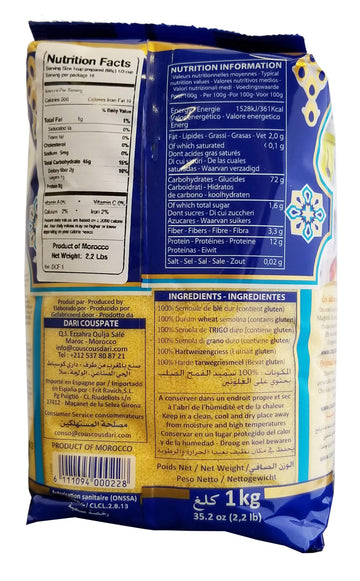 Dari Moroccan Couscous 1Kg, 2.2Lb (Fine, 1 Pack)