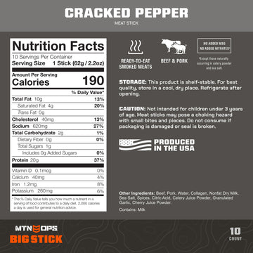 MTN OPS Big Stick High Protein Meat Sticks - 20g Protein 10% Collagen - ed Pepper Flavor - Individually Wrapped Beef Snacks - 10 Count Carton