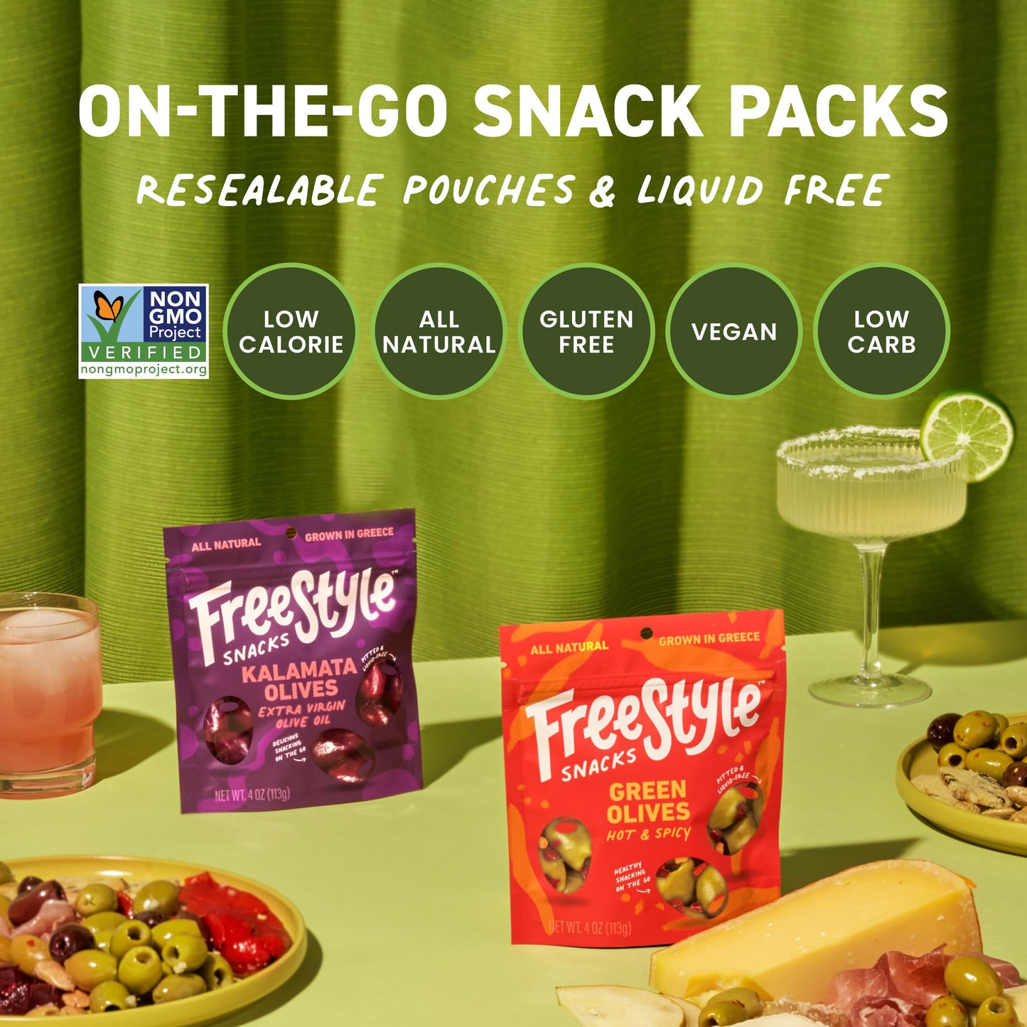 Freestyle Snacks Olive Snack Packs - Jumbo Green Olives, All Natural, Non-GMO, 4oz (3 Pack)