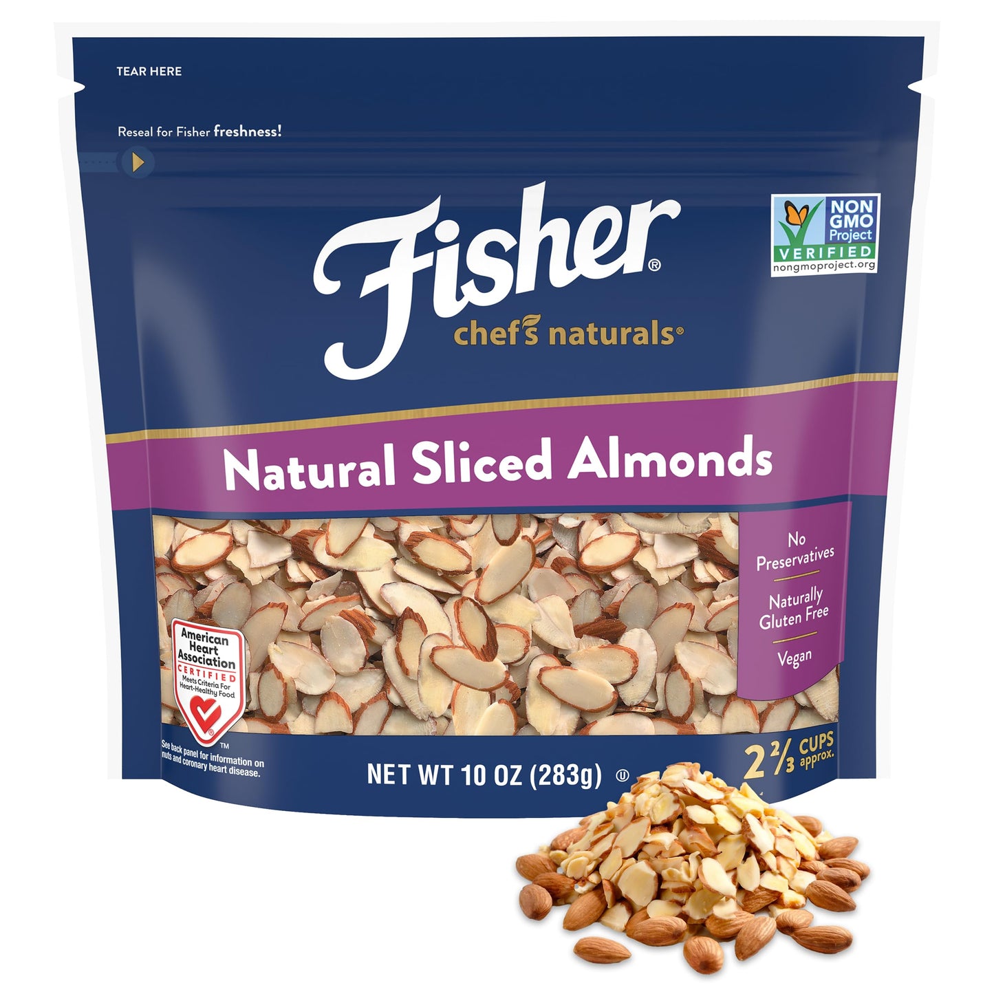 Fisher Chefs Naturals Unsalted Sliced Almonds 10oz Resealable Bag - Raw Nuts Perfect for Cooking, Baking & Snacking, Vegan Prot