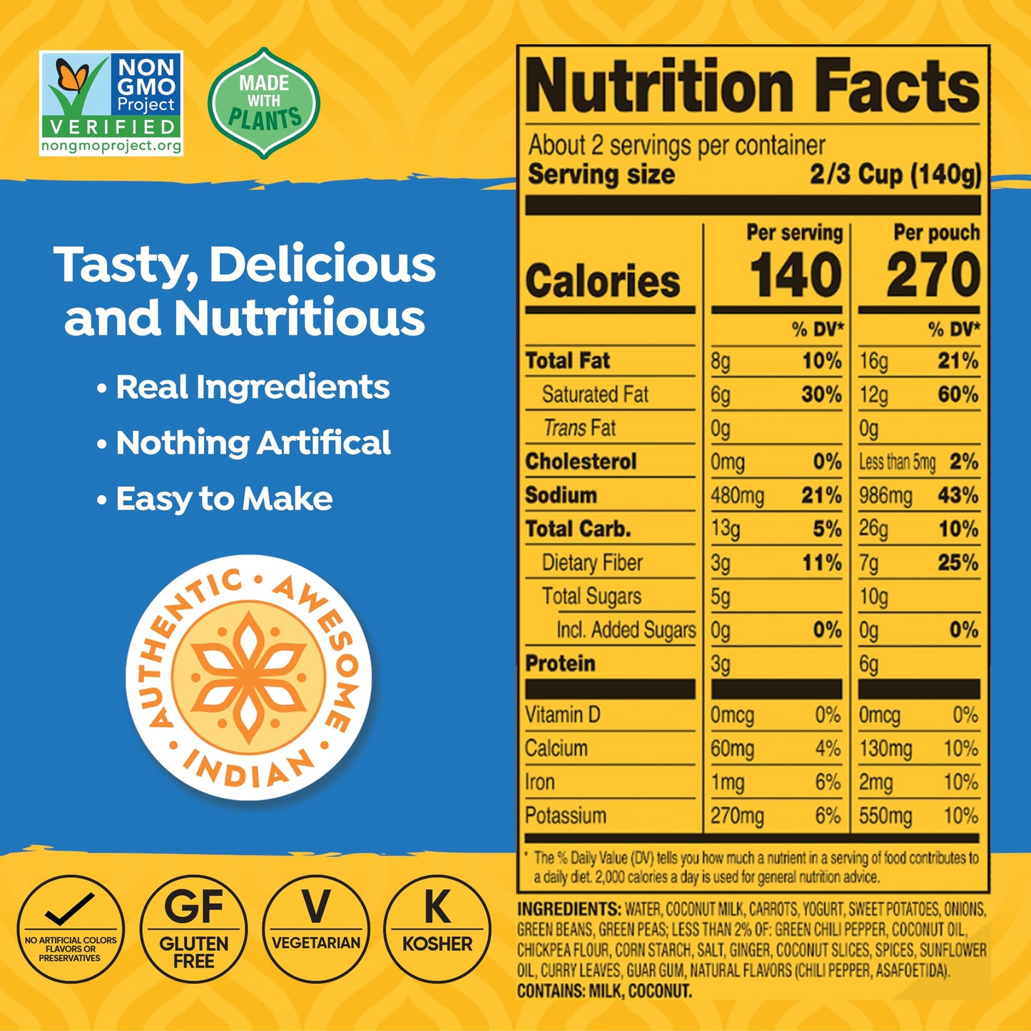 Tasty Bite Indian Hot and Spicy Coconut Vegetables, Microwaveable Ready to Eat Entr  e, 10 Ounce (Pack of 6)