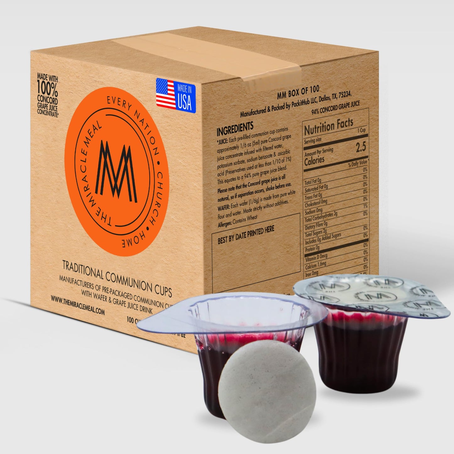 The Miracle Meal Pre-filled Communion Cups and Wafer Set - 100 Count - Plastic - Concord Grape Juice - Made in the USA